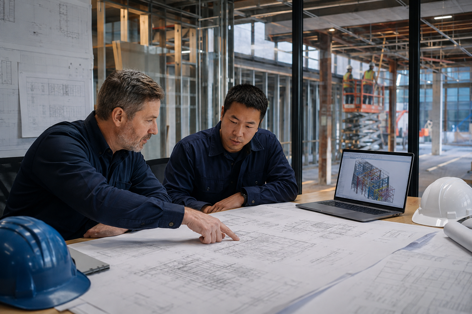 Electrical project team reviewing plans